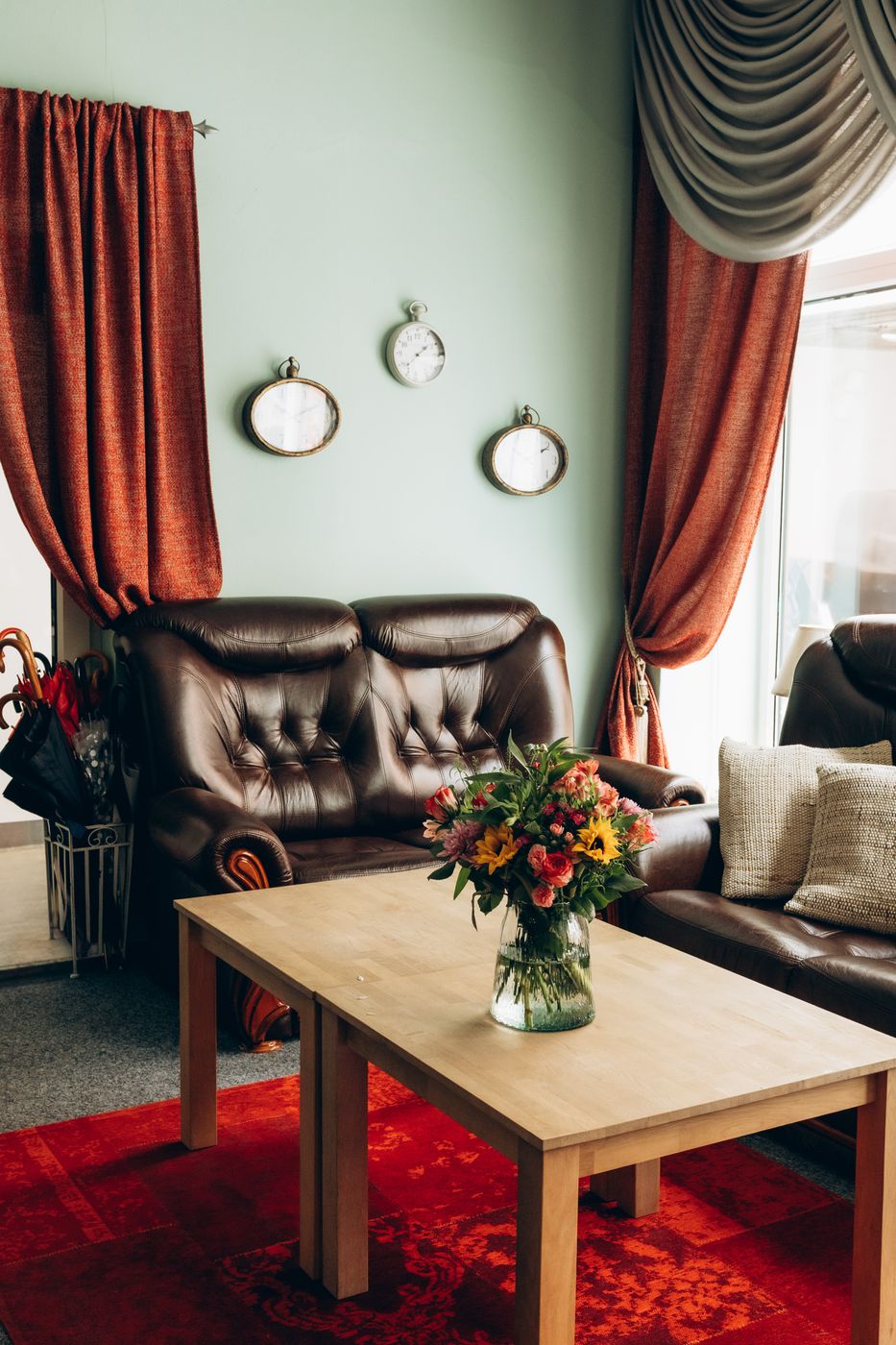 Seating area with leather sofa